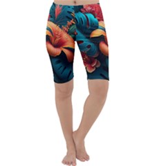 Ai Generated Tropical Flowers Floral Floral Pattern Cropped Leggings  by Pakemis