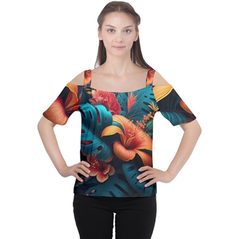 Ai Generated Tropical Flowers Floral Floral Pattern Cutout Shoulder Tee by Pakemis