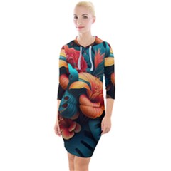 Ai Generated Tropical Flowers Floral Floral Pattern Quarter Sleeve Hood Bodycon Dress by Pakemis