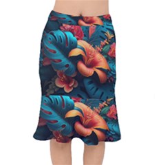 Ai Generated Tropical Flowers Floral Floral Pattern Short Mermaid Skirt by Pakemis