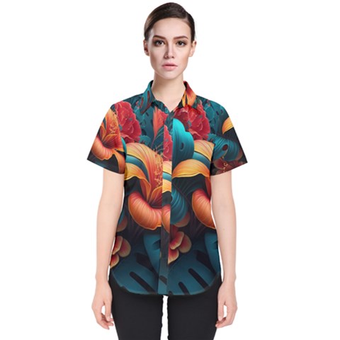 Ai Generated Tropical Flowers Floral Floral Pattern Women s Short Sleeve Shirt by Pakemis