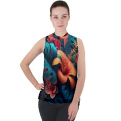 Ai Generated Tropical Flowers Floral Floral Pattern Mock Neck Chiffon Sleeveless Top by Pakemis