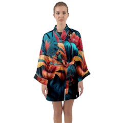 Ai Generated Tropical Flowers Floral Floral Pattern Long Sleeve Satin Kimono by Pakemis