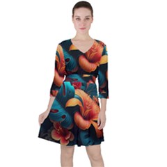 Ai Generated Tropical Flowers Floral Floral Pattern Quarter Sleeve Ruffle Waist Dress by Pakemis