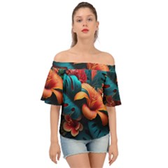 Ai Generated Tropical Flowers Floral Floral Pattern Off Shoulder Short Sleeve Top by Pakemis