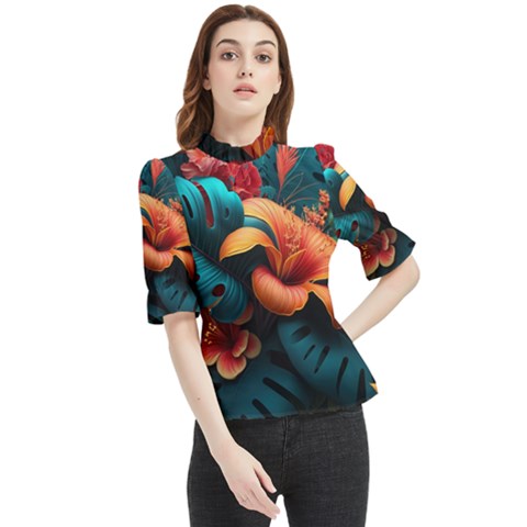 Ai Generated Tropical Flowers Floral Floral Pattern Frill Neck Blouse by Pakemis