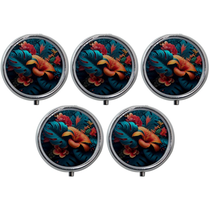 Ai Generated Tropical Flowers Floral Floral Pattern Mini Round Pill Box (Pack of 5)