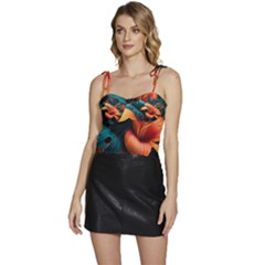 Ai Generated Tropical Flowers Floral Floral Pattern Flowy Camisole Tie Up Top by Pakemis