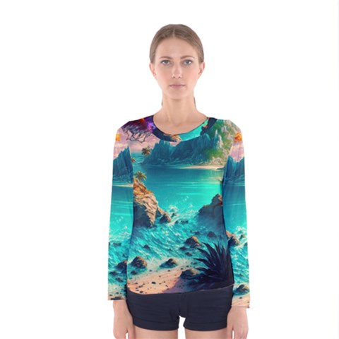 Tropical Paradise Beach Ocean Shore Sea Fantasy Women s Long Sleeve Tee by Pakemis