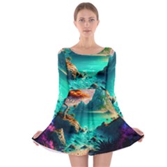 Tropical Paradise Beach Ocean Shore Sea Fantasy Long Sleeve Skater Dress by Pakemis