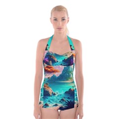 Tropical Paradise Beach Ocean Shore Sea Fantasy Boyleg Halter Swimsuit  by Pakemis