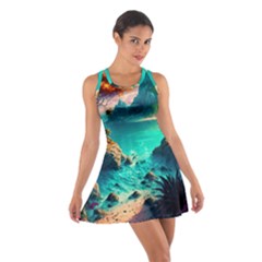 Tropical Paradise Beach Ocean Shore Sea Fantasy Cotton Racerback Dress by Pakemis