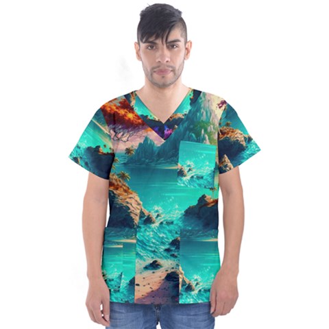 Tropical Paradise Beach Ocean Shore Sea Fantasy Men s V-neck Scrub Top by Pakemis