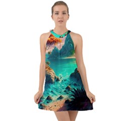 Tropical Paradise Beach Ocean Shore Sea Fantasy Halter Tie Back Chiffon Dress by Pakemis