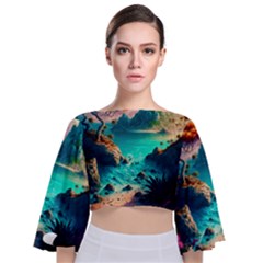 Tropical Paradise Beach Ocean Shore Sea Fantasy Tie Back Butterfly Sleeve Chiffon Top by Pakemis