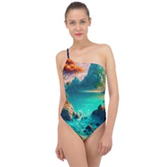 Tropical Paradise Beach Ocean Shore Sea Fantasy Classic One Shoulder Swimsuit by Pakemis