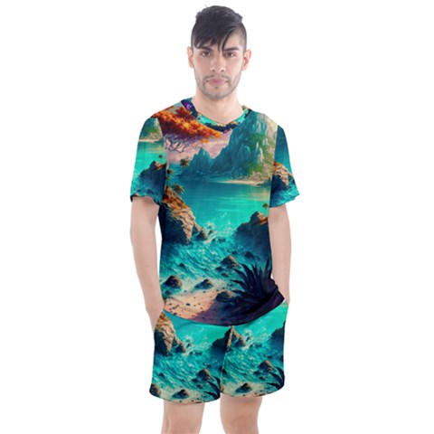 Tropical Paradise Beach Ocean Shore Sea Fantasy Men s Mesh Tee And Shorts Set by Pakemis