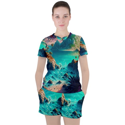 Tropical Paradise Beach Ocean Shore Sea Fantasy Women s Tee And Shorts Set by Pakemis