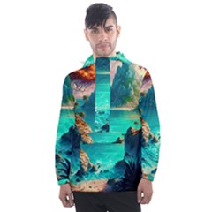 Tropical Paradise Beach Ocean Shore Sea Fantasy Men s Front Pocket Pullover Windbreaker by Pakemis