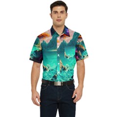 Tropical Paradise Beach Ocean Shore Sea Fantasy Men s Short Sleeve Pocket Shirt  by Pakemis