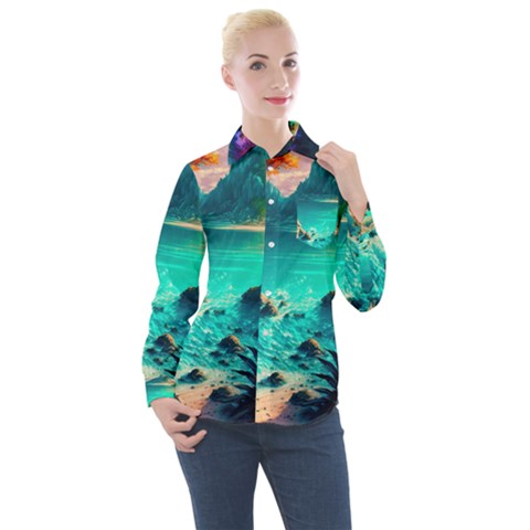 Tropical Paradise Beach Ocean Shore Sea Fantasy Women s Long Sleeve Pocket Shirt by Pakemis