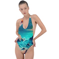 Tropical Paradise Beach Ocean Shore Sea Fantasy Backless Halter One Piece Swimsuit by Pakemis