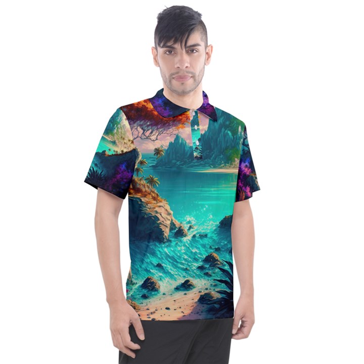 Tropical Paradise Beach Ocean Shore Sea Fantasy Men s Polo Tee