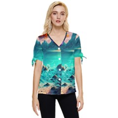 Tropical Paradise Beach Ocean Shore Sea Fantasy Bow Sleeve Button Up Top by Pakemis