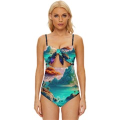 Tropical Paradise Beach Ocean Shore Sea Fantasy Knot Front One-piece Swimsuit by Pakemis