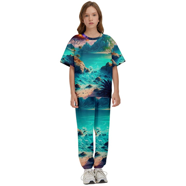 Tropical Paradise Beach Ocean Shore Sea Fantasy Kids  Tee and Pants Sports Set