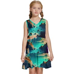 Tropical Paradise Beach Ocean Shore Sea Fantasy Kids  Sleeveless Tiered Mini Dress