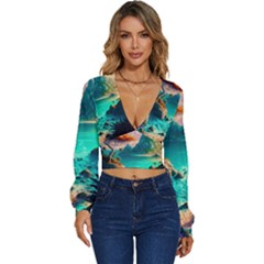 Tropical Paradise Beach Ocean Shore Sea Fantasy Long Sleeve Deep-v Velour Top