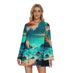 Tropical Paradise Beach Ocean Shore Sea Fantasy Round Neck Long Sleeve Bohemian Style Chiffon Mini Dress