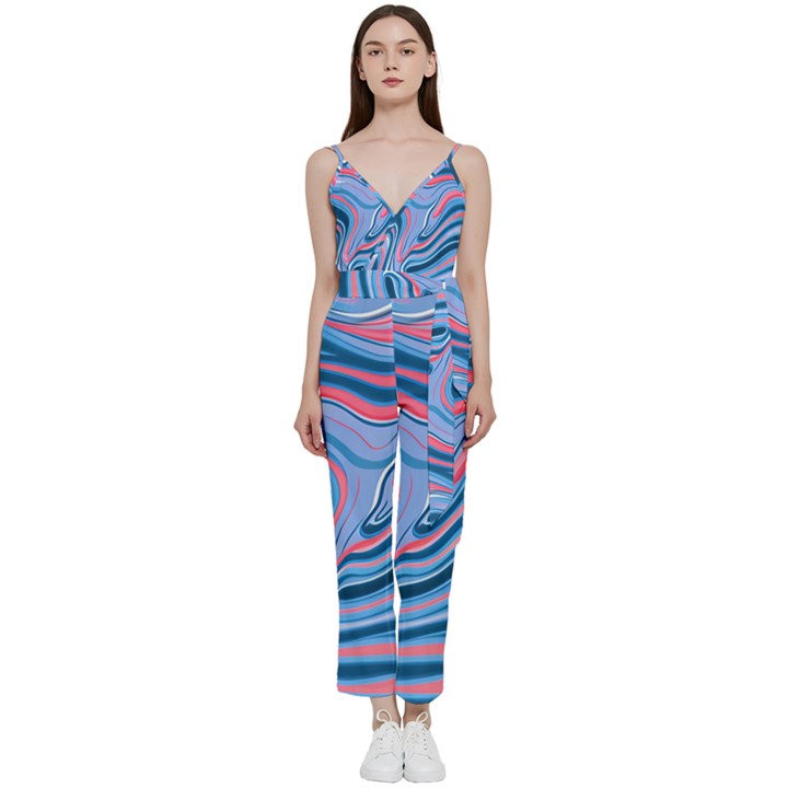 Fluid Art - Abstract And Modern V-Neck Spaghetti Strap Tie Front Jumpsuit