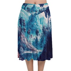 Tropical Winter Fantasy Landscape Paradise Velvet Flared Midi Skirt by Pakemis