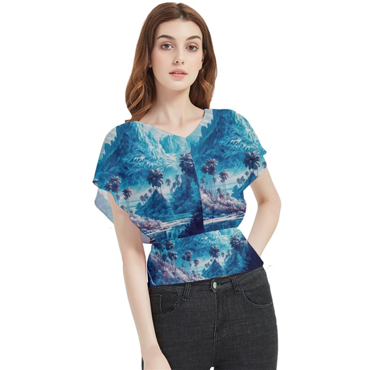 Tropical Winter Fantasy Landscape Paradise Butterfly Chiffon Blouse