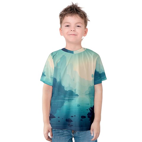 Ai Generated River Forest Woods Outdoors Kids  Cotton Tee by Pakemis