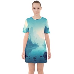 Ai Generated River Forest Woods Outdoors Sixties Short Sleeve Mini Dress by Pakemis