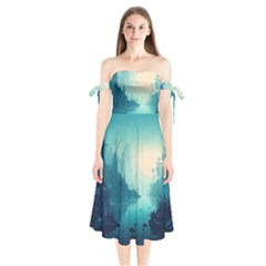 Ai Generated River Forest Woods Outdoors Shoulder Tie Bardot Midi Dress by Pakemis