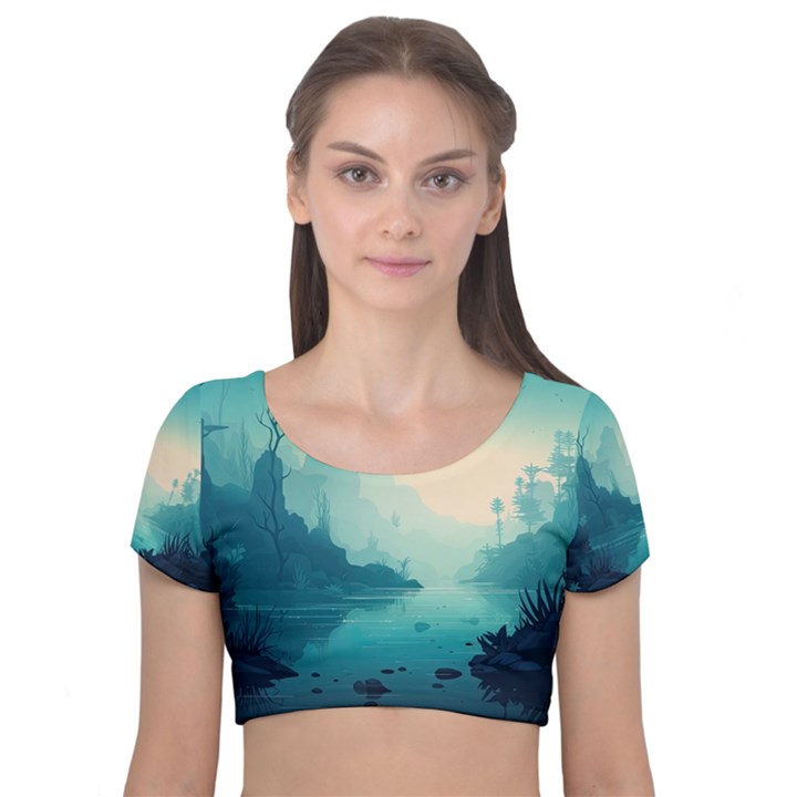 Ai Generated River Forest Woods Outdoors Velvet Short Sleeve Crop Top 