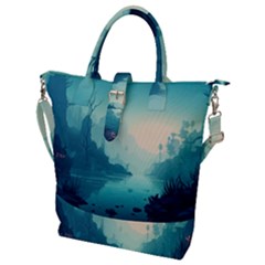 Ai Generated River Forest Woods Outdoors Buckle Top Tote Bag by Pakemis