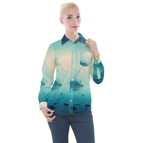 Ai Generated River Forest Woods Outdoors Women s Long Sleeve Pocket Shirt by Pakemis