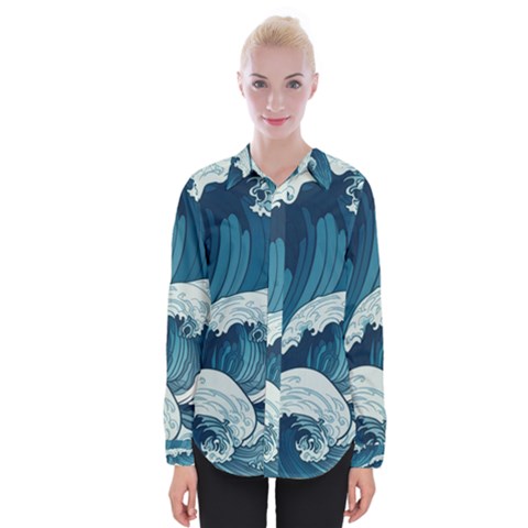 Waves Ocean Sea Pattern Water Tsunami Rough Seas Womens Long Sleeve Shirt by Pakemis