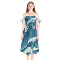 Waves Ocean Sea Pattern Water Tsunami Rough Seas Shoulder Tie Bardot Midi Dress by Pakemis