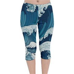 Waves Ocean Sea Pattern Water Tsunami Rough Seas Velvet Capri Leggings  by Pakemis