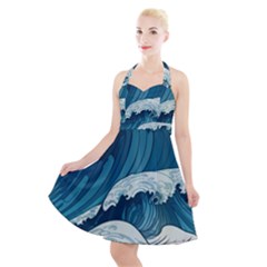 Waves Ocean Sea Pattern Water Tsunami Rough Seas Halter Party Swing Dress  by Pakemis