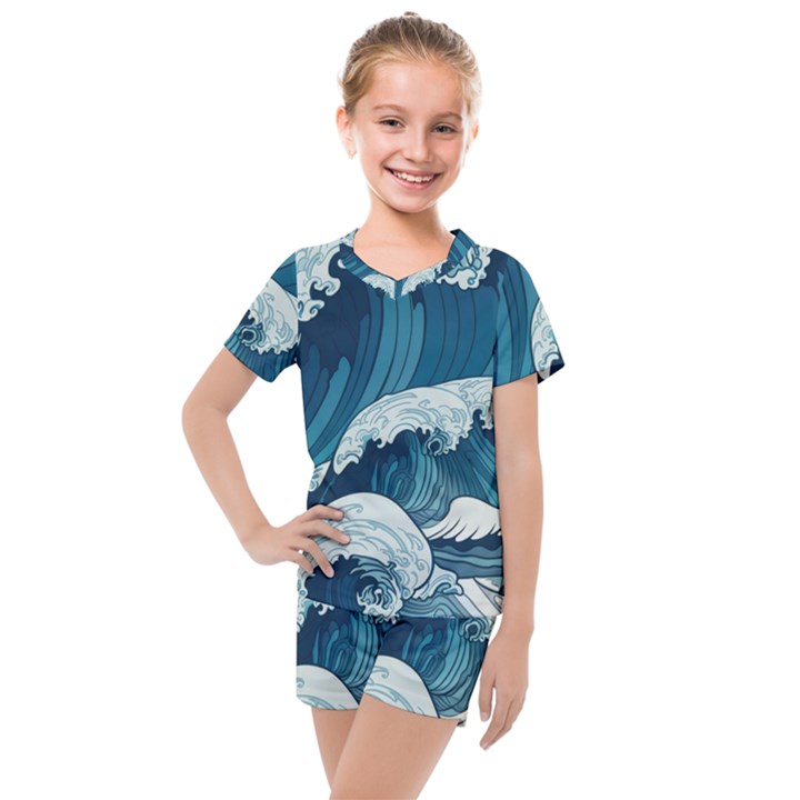 Waves Ocean Sea Pattern Water Tsunami Rough Seas Kids  Mesh Tee and Shorts Set