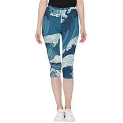 Waves Ocean Sea Pattern Water Tsunami Rough Seas Inside Out Lightweight Velour Capri Leggings  by Pakemis