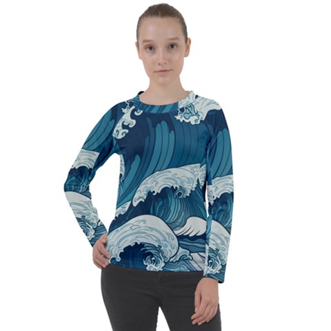 Waves Ocean Sea Pattern Water Tsunami Rough Seas Women s Long Sleeve Raglan Tee by Pakemis