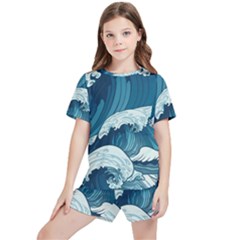 Waves Ocean Sea Pattern Water Tsunami Rough Seas Kids  Tee And Sports Shorts Set by Pakemis